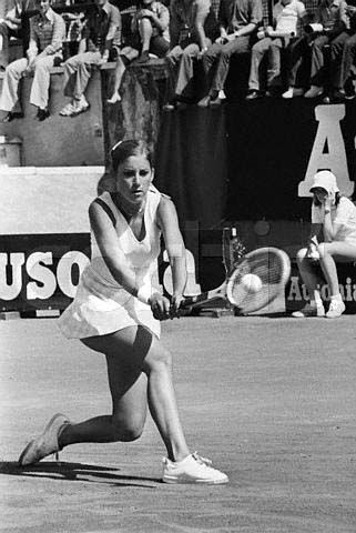 Original caption: ROME: America's Chris Evert concentrates on her forehand shot 6/2 in her finals match against Martina Navratilova of Czechoslovakia at the Rome Open Tennis tournament. The 19-year-old star from Fort Lauderdale Florida, won, 6-3, 6-3 to take the women's singles title. Rome, Italy